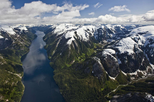 AERIALS IN THE GREAT BEAR RAINFOREST. FLYING OUT BELLA COOLA. INITIAL SHOTS ARE MOSTLY IN DEAN CHANNEL.